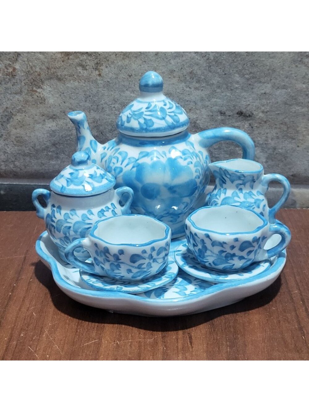 Vintage Miniature Blue and White Porcelain Tea Set Hand Painted Dollhouse Toy